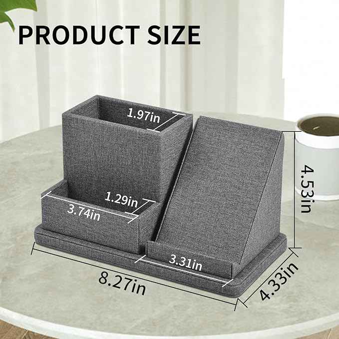 Multi-Function Pen/Pencil Holder-Linen Leathe Excellent Cell Phone Touch Screen Solution Holde-Business Card Holder/Sticky Note Tray,Desk Organizer for Office Supplies,Desktop Caddy,Grey