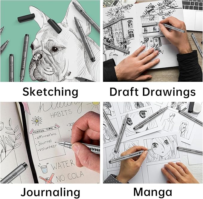 Micro Fineliner Drawing Art Pens: 9 Black Fine Line Ink Set Artist Supplies Archival Inking Markers Liner Professional Sketch Outline Anime Sketching Artist Illustration Watercolor