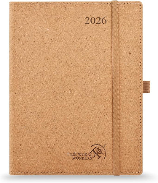POPRUN 2026 Planner - 2026 Recycled Weekly Planner[6.5''x 8.5''- Italian Regenrated Leather Hard Cover] with Hourly Schedule & Vertical Weekly Layout, Monthly Tabs, Inner Pocket - Desert Brown