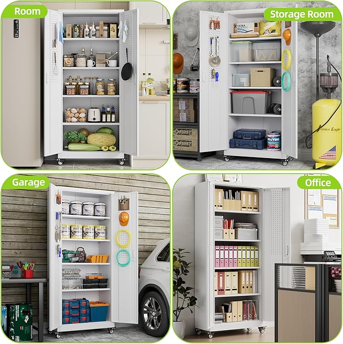 Aobabo 73''H Garage Storage Cabinet with Wheels,Office Storage Cabinet with Lock,Steel Cabinet with 2 Doors and 4 Adjustable Shelves for Garage Office,Required-Assembly White