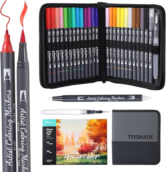 Watercolor Pens Set, 24-Color Dual Tip Paint Markers, Water-Based Coloring Markers with 1 Aquapen, 1 Colorless Blender, and 12-Page Pad, Art Supplies for Artists & Beginners