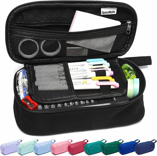 Pencil Case Pouch Box Bag School Supplies Girls Boys Kids, Cute Preppy Stuff Large Big Capacity Aesthetic Pen Organizer, Back to College Stationary, Coal Black, Heavy Duty Canvas, 1800ml