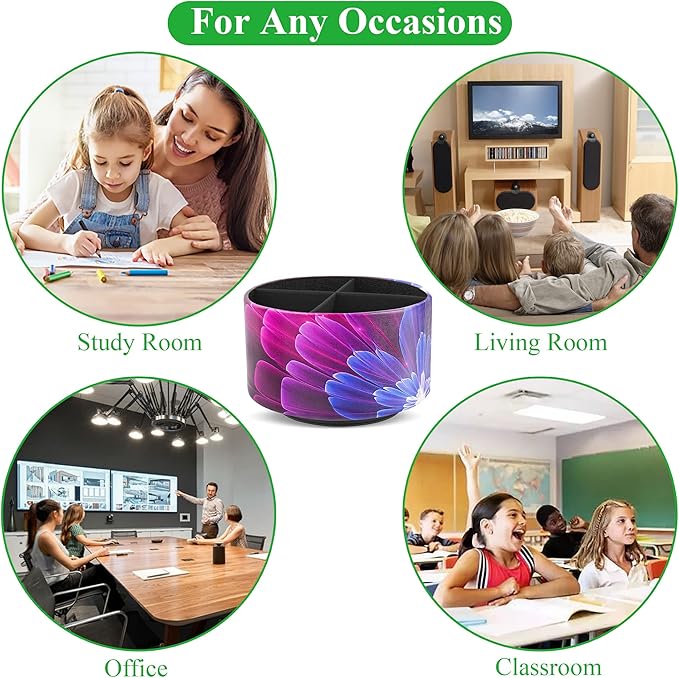 lizimandu Round Leather Art Supply Organizer,Remote Control Holder,360 Degree Spinning,Multi-Functional Pencil Holder,4 Compartments Desktop Stationary Organizer(1-Blue Fractal Flower)