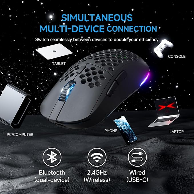 TMKB Falcon M1 Wireless Gaming Mouse, 24000DPI Optical Sensor, 180Hrs Battery, Lightweight, 6 Programmable Buttons, RGB Strip, 2.4G/BT5.2/USB-C Wired for PC/Mac/Laptop - Matte Black