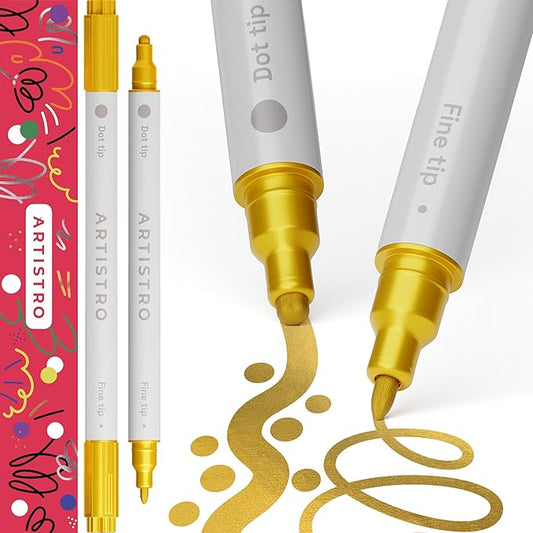 ARTISTRO 2 Gold Dual-Tip Acrylic Paint Pens - Multisurface Markers for Fabric, Plastic, & More, 5mm Dot + 1mm Fine Tips