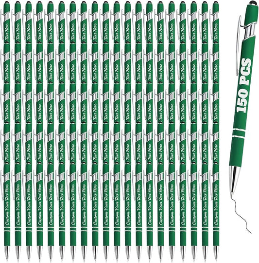 Personalized Pens Bulk 150 with Name Custom Engraving Ballpoint Pens with Stylus Tip Customized Smooth Writing Pens Personalized Gifts for Anniversary Birthday or Graduation(Dark Green,Black Ink)