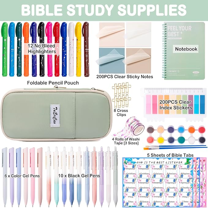 No Bleed Bible Highlighter Pen Set Study Supplies for Women - Pencil Pouch,12 Highlighters with 75 Tabs, 16 Gel Pens ( Black & Color Ink ) Notebook - Bible Journaling Catholic Christian Gift, Green