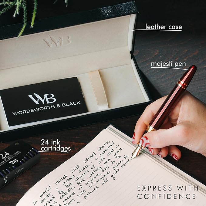 Wordsworth & Black Majesti Fountain Pen-(Red), Luxury Case, 24K Gold Finish; 18K Gilded Extra Fine Nib- Ink Cartridges, Refillable Ink Converter-Calligraphy Pen-Best Business Gift Set for Men & Women