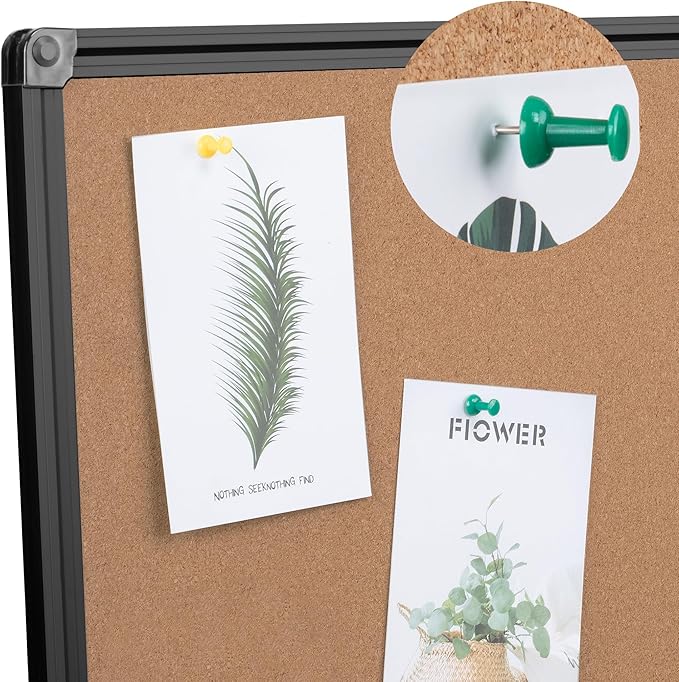 Board2by Cork Board Bulletin Board 36 x 48, Foldable Notice Pin Board for Wall, Black Aluminum Framed 4x3 Corkboard, Large Wall Mounted Office Board with 36 Push Pins for School & Home