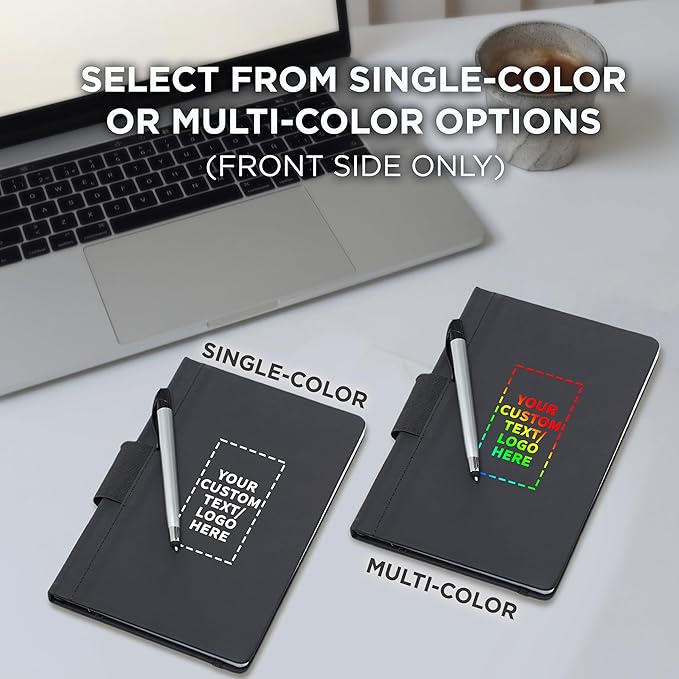 DISCOUNT PROMOS 50 Executive Notebooks with Pen Pack - Customizable Text, Logo - 6 x 8.5 inches, Recycled, Pen Loop, Closure Strap - Black