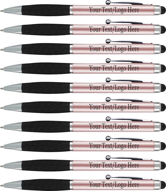 Personalized Pens With your Custom Logo or Text-300 Pack Bulk-for Businesses, Parties, and Events, 2 in 1 Ballpoint Pen & Stylus forTouchscreen Devices, Rose Gold Barrel, Black Ink