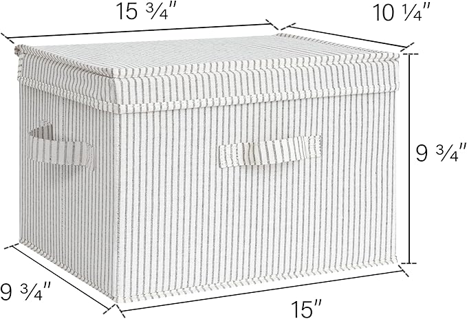 StorageWorks Fabric Storage Bins with Lid, Decorative Storage Boxes for Shelves, Stackable Closet Organizer Basket with Handles, Large, Gray and White Stripes, 2-Pack