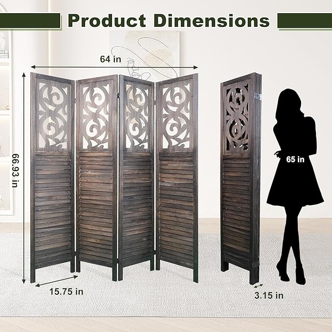 NicBex 4 Panel Room Divider,5.6FT Wood Carved Room Dividers,Folding Privacy Screens Portable Freestanding Partition Wall Dividers for Room Separation,Home Bedroom Office,Rustic Brown