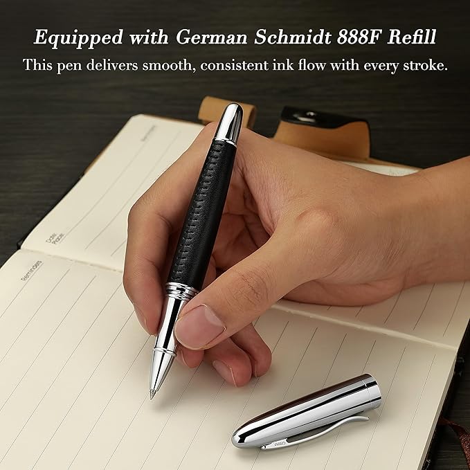 BEILUNER 318 Luxury Leather Pen, Hand-Stitched Premium Leather, Chrome-Plated Finish, Schmidt Ink Refill, Best Rollerball Pen Gift for Men & Women, Refillable, Executive Writing, Nice Pens