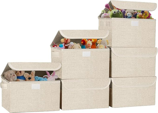 Small 8 Quart Linen Fabric Foldable Storage Bin Cube Organizer Basket with Lid & Handles, Collapsible Decorative Box Container for Home, Dorm, Closet, Beige, 10"x8"x6", 6-Pack