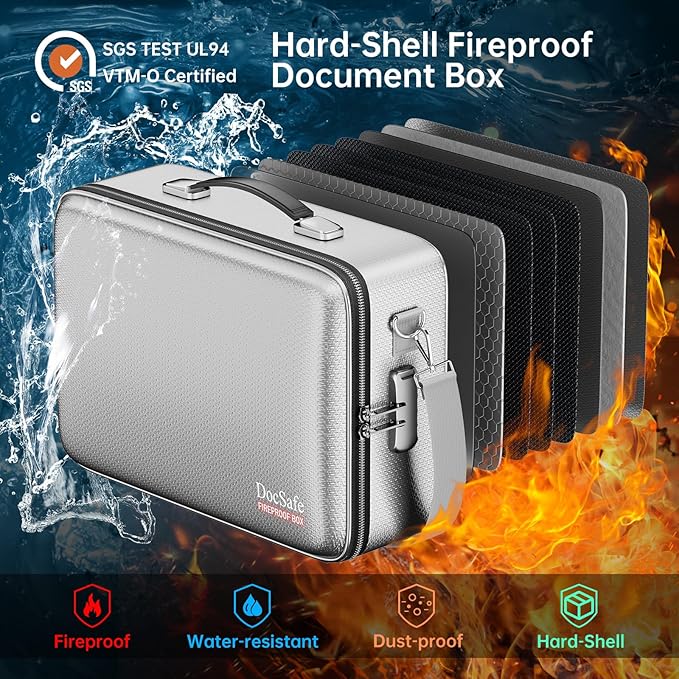 DocSafe Fireproof Document Box with Lock, Hard Case File Organizer with Accordion File Folder, Fireproof Water Resistant Safe Box Home Office Travel Storage for Important Documents Laptop Silver