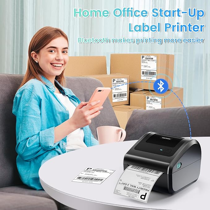 Bluetooth Shipping Label Printer 4x6 - D450BT Thermal Label Printer for Shipping Packages, Small Business, Home, Office, Compatible with Amazon, Ebay, Etsy, USPS