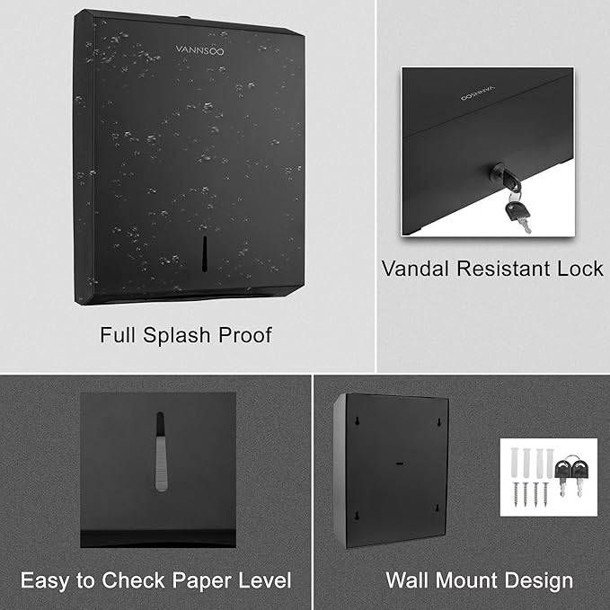 Paper Towel Dispenser, Commercial Stainless Steel Tri-fold/Multi-fold/C-Fold Paper Towel Holder Wall Mount Key (Black)