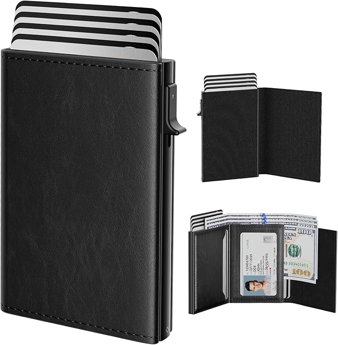 typecase Mens Wallet Card Holder: Pop Up Aluminum Case, Genuine Leather, Smart, RFID Blocking, Slim, Minimalist, Front Pocket - 9-14 Card Capacity | ID Window | Cash Slot - Oil Wax Black