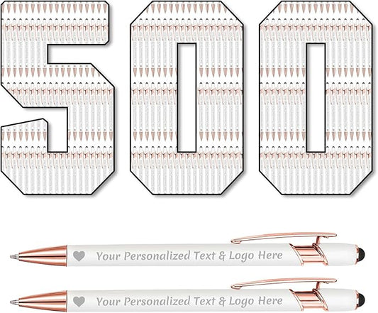 STREADVE 500 Personalized Custom Pens Engraved Writing Pen with Name Logo, Customized Promotional Items Stylus Pen Gifts for Communion Wedding Men Women Realtor Business, White