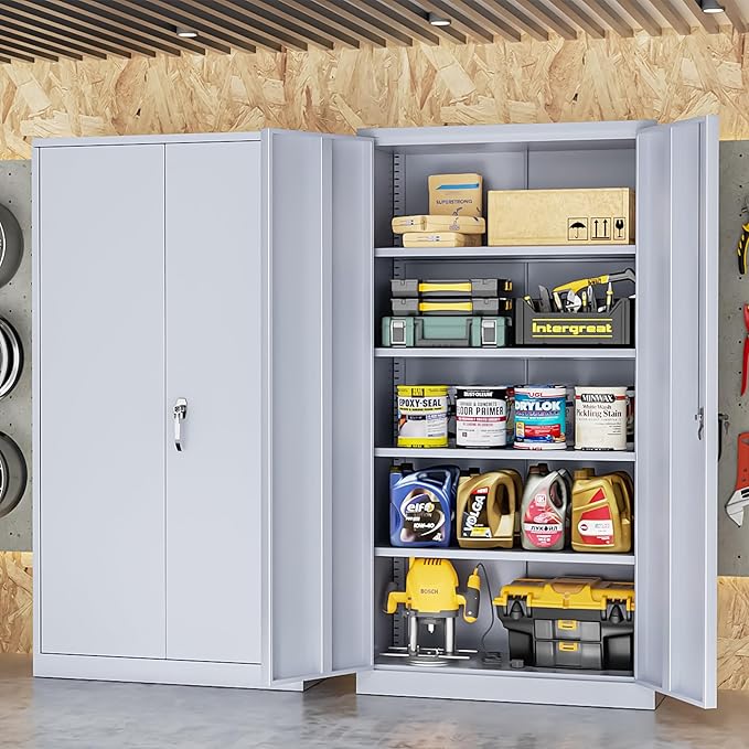 INTERGREAT Tall Metal Storage Cabinet Locking Steel with 4 Adjustable Shelves,72" Lockable Cabinets Lock 2 Doors for Office Garage Supply Home (Cement Gray)