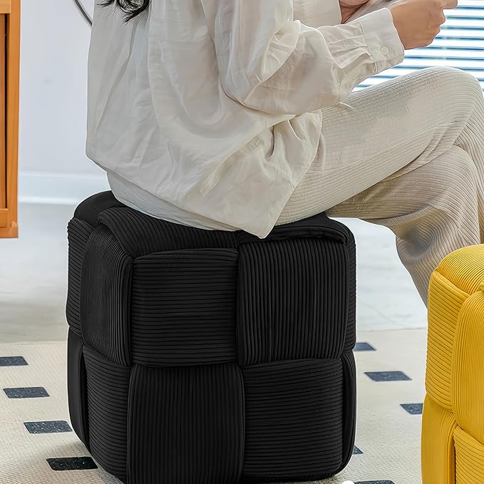 Ottoman Foot Rest Soft and Comfortable Ottoman Square Corduroy Woven Design Sofa Stool (Black)