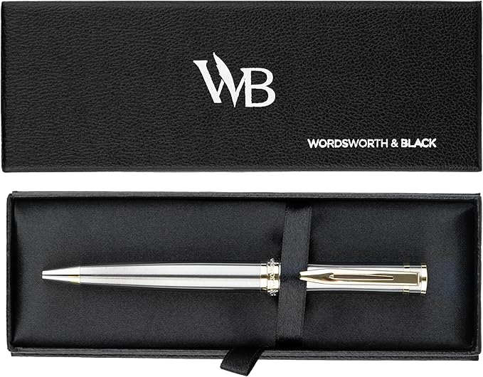 Wordsworth and Black Luxury Ballpoint Pen Set - Silver Lacquer 24K Gold Finish, Refillable Fine Point, Elegant Gift for Men & Women, Includes Ink Refill, Nice Pens for Work