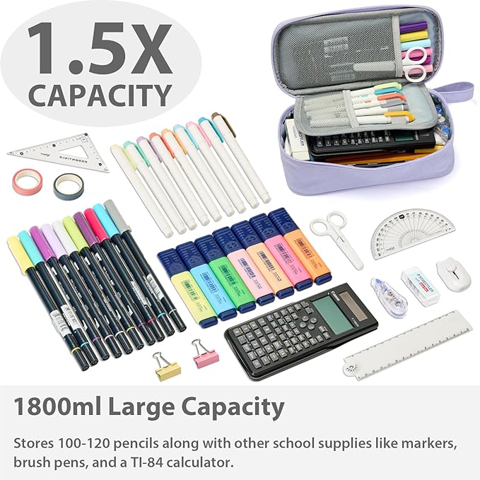 Pencil Case Pouch Box Bag School Supplies Girls Boys Kids, Cute Preppy Stuff Large Big Capacity Aesthetic Pen Organizer, Back to College Stationary, Purple, Classic Stlye, 1800ml