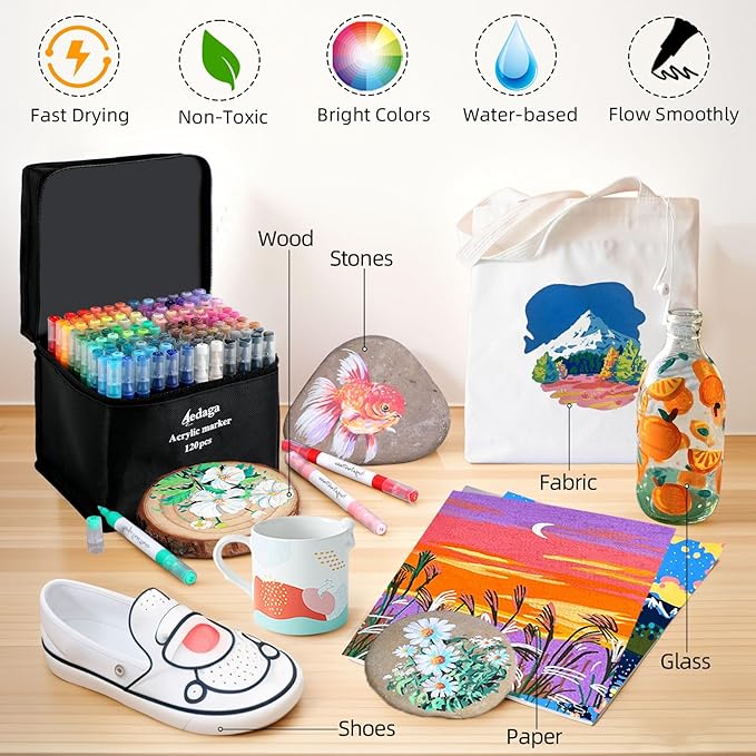 YHC 120 Colors Acrylic Paint Pens with Free App, Dual Tip Acrylic Paint Markers with Brush Tip and Fine Tip for Adults, Kids, Eggs, Wood, Rock, Canvas, Plastic, Stone, Glass, Ceramic