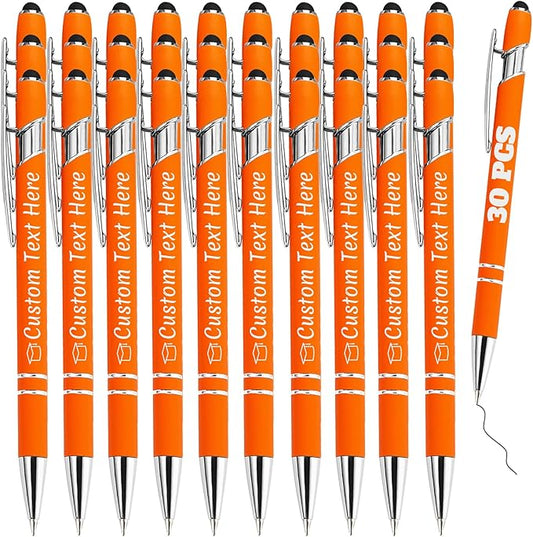 Personalized Pens Bulk 30 with Name Custom Engraving Ballpoint Pens with Stylus Tip Customized Smooth Writing Pens Personalized Gifts for Anniversary Birthday or Graduation(Orange,Black Ink)