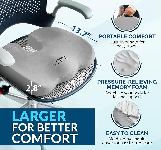 ComfiLife Gel Enhanced Seat Cushion – Office Chair Cushion – Non-Slip Gel & Memory Foam Coccyx Cushion for Tailbone Pain - Desk Chair Car Seat Cushions Driving - Sciatica & Back Pain Relief (Gray)