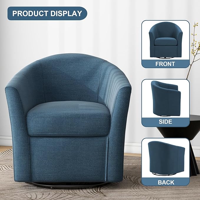 UIXE 360° Swivel Barrel Accent Chairs Set of 2, Modern Round Arm Chair Upholstered Club Armchair, Single Sofa Seating in Fabric for Living Room, Bedroom (Blue)