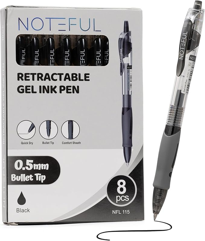 Retractable Click Gel Pens For Journaling, Smooth Writing, Black Gel Ink Fine Point Pen (0.5 mm), Pack of 8