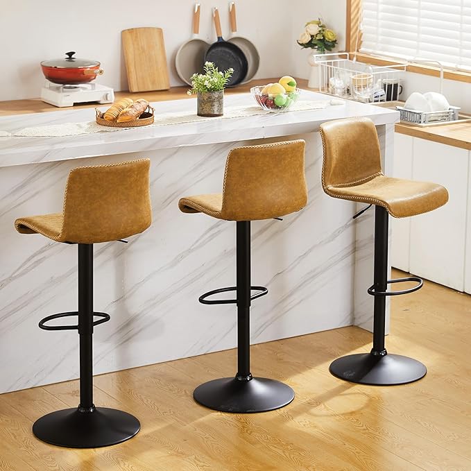 HeuGah Bar Stools Set of 4, Swivel Counter Height Barstools with Back, Adjustable Height 24" to 32", Whiskey Brown Faux Leather Bar Chairs for Kitchen Island (Whiskey Brown, Set of 4 (24'' to 32''))