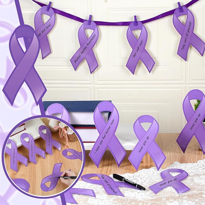 Kosiz 100 Pack Large Purple Ribbon Set 100 Alzheimer's Awareness Cutouts 2 Marker Pens 100 Wooden Clips with Rope Domestic Violence Awareness Items for Purple Recovery Month Charity Supplies