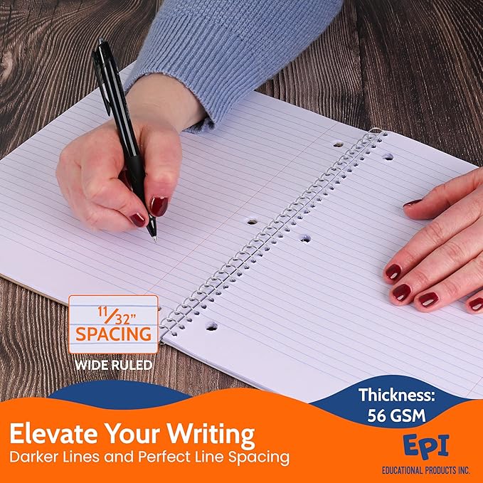 EPI Spiral Notebook | Wide - 70 Sheets, Durable Spiral Binding | 10.5 x 8 in | Classroom Supplies | School, Office, Note Taking, Journaling - 12 Pack