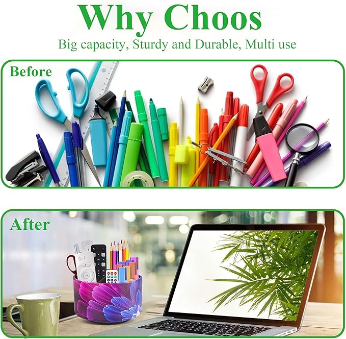 lizimandu Round Leather Art Supply Organizer,Remote Control Holder,360 Degree Spinning,Multi-Functional Pencil Holder,4 Compartments Desktop Stationary Organizer(1-Blue Fractal Flower)