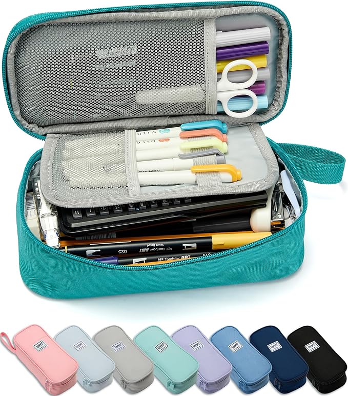 Pencil Case Pouch Box Bag School Supplies Girls Boys Kids, Cute Preppy Stuff Large Big Capacity Aesthetic Pen Organizer, Back to College Stationary, Teal, Classic Stlye, 1800ml