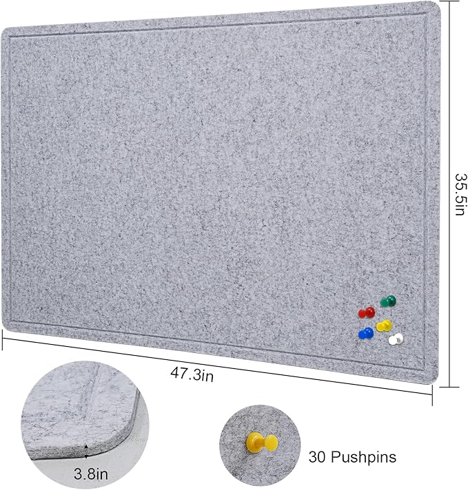 Large Bulletin Board - 48 X 36 inches Decorative Felt Pin Board - 4' x 3' Cork Board Alternative for Wall - Foldable Photo Board Self-Adhesive Vision Board Prayer Board with 30 Pushpins - Silver Gray