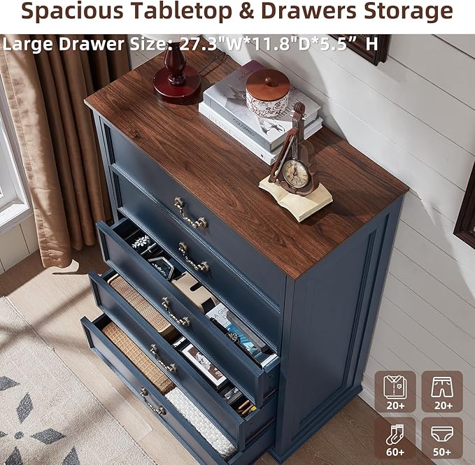 Farmhouse 5 Drawer Dresser Set of 2 for Bedroom, 45" Tall Rustic Chests of Drawers w/ 4 Solid Wood Feet, Mid Century Vintage Wooden Closet Storage Dressers Organizer for Living Room, Navy Blue