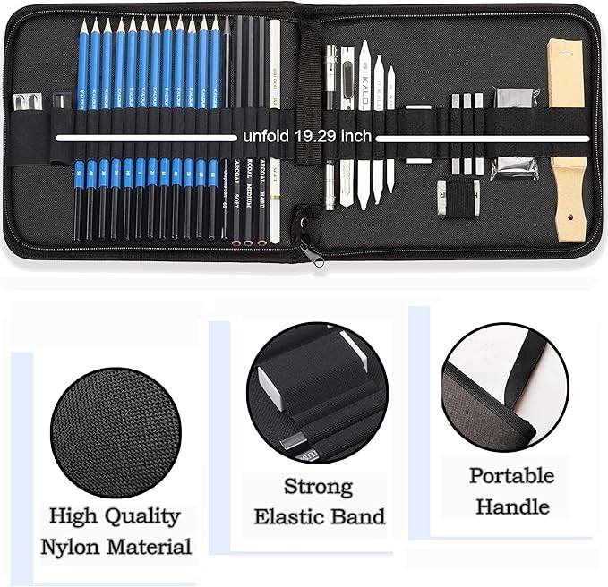 KALOUR 33 Pro Drawing Kit Sketching Pencils Set,Portable Zippered Travel Case-Charcoal Pencils, Sketch Pencils, Charcoal Stick,Sharpener,Eraser.Art Supplies for Artists Beginner Adults Teens