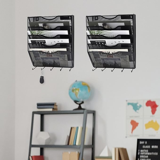 EASEPRES 5 Pocket Mesh Hanging File Organizer with Key Holder Hooks & Nametag Label, Wall Mounted Mail Paper Document Folder Storage Organization Magazine Rack for Office Cubicle, 5 Tier Black