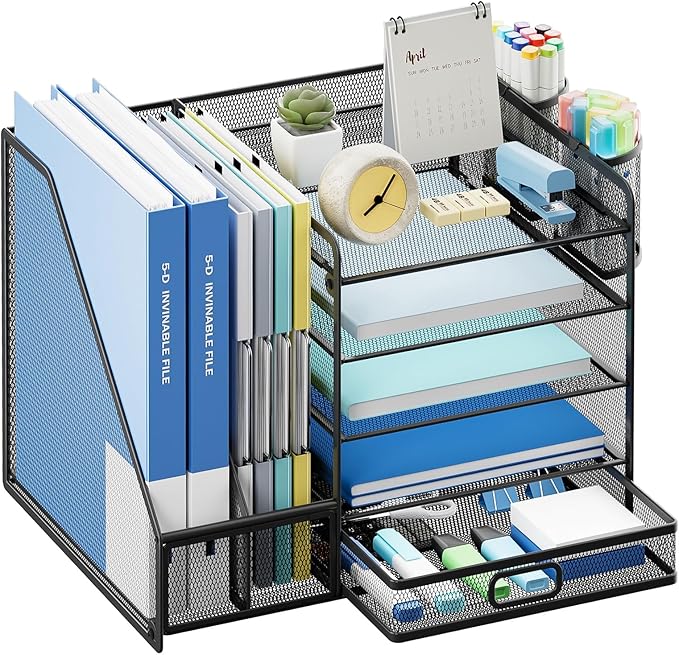 Lavatino Desk Organizer with File Holder, 5-Tier Paper Letter Tray Organizer with Sliding Drawer and 2 Pen Holder, Mesh Desktop File Organizer for Office Supplies (Black)