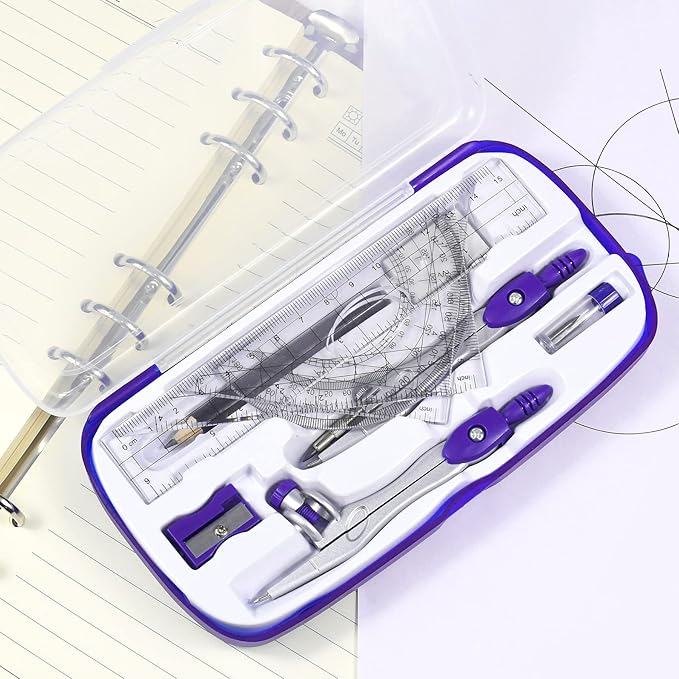 Math Geometry Kit Sets 10 Piece Student Supplies with Shatterproof Storage Box,Includes Rulers,Protractor,Compass,Eraser,Pencil Sharpener,Lead Refills,Pencil,for Drafting and Drawings（Purple）