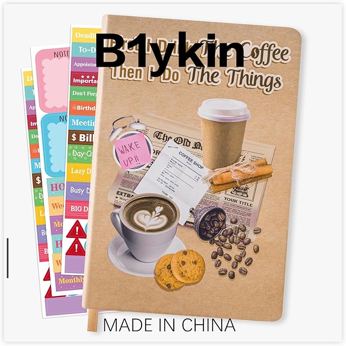 B1ykin Hardcover Ruled Journal Notebook with Planner Stickers, 196 Pages PU Leather Journal Notebook Journals Diary Notepad for Writing Travel Business Work School College Note Taking (Coffee)