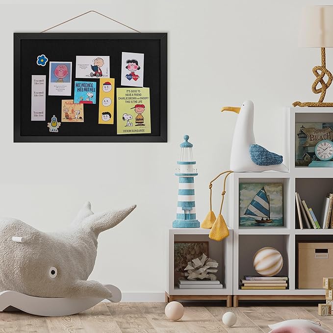 Black Cork Board Bulletin Board 16.7" x 11", Small Linen Corkboards with Frame for Walls, Cute Picture Display Pin Board Vision Board for Room School Office Bedroom 8 Pushpins