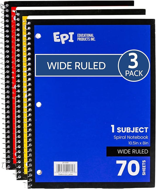 EPI Spiral Notebook | Wide - 70 Sheets, Durable Spiral Binding | 10.5 x 8 in | Classroom Supplies | School, Office, Note Taking, Journaling - 3 Pack
