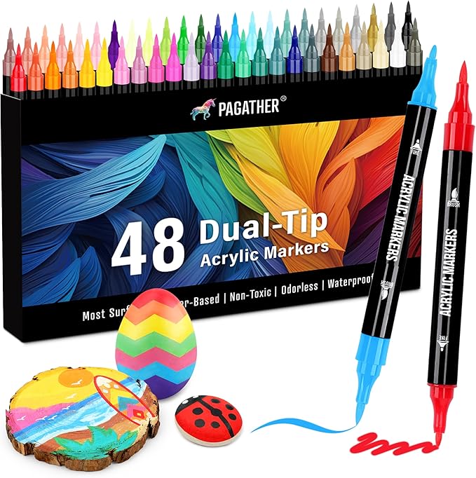 48 Colors Acrylic Paint Markers, Dual Tip with Fine Tip and Brush Tip Pens for Stone, Wood, Calligraphy, Canvas, Ceramic, Metal, Glass, Rock Painting, DIY Crafts
