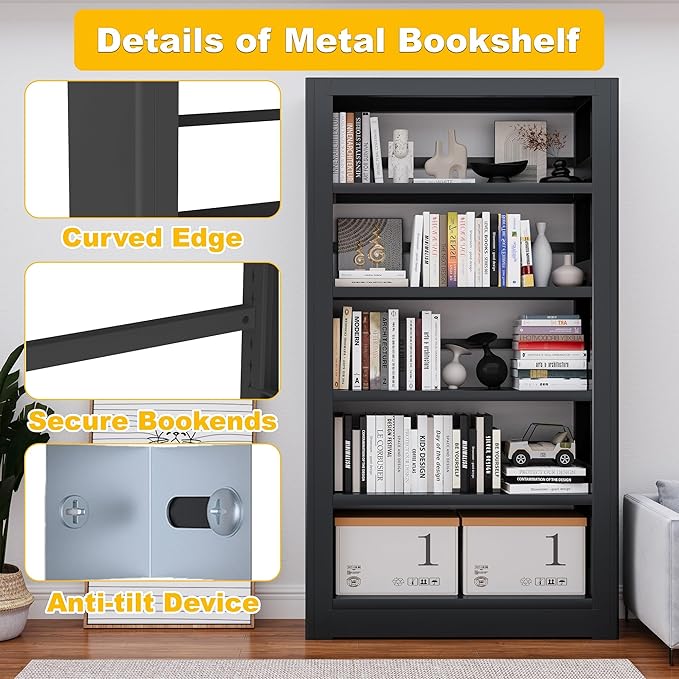 Bookshelves And Bookcases, 36" Wide Office Hard Cover Books Bookshelf, Black 5 Shelf Metal Bookcase, 69" Tall Industrial Sturdy Open Bookshelf for Living Room, Library, School, Bedroom, Kitchen