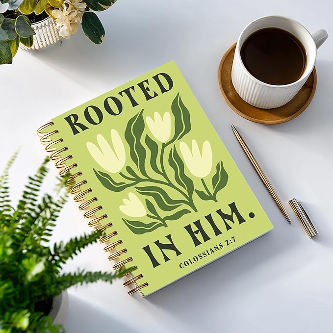 Bible Journal, A5 Spiral Christian Bible Green Flower Notebook, Rooted in Him, Bible Verse Gift for Women Men Birthday Christmas, Sunday School, Office Supplies, Bible Study (Green-flower)